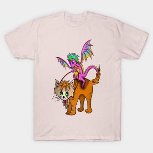 Cute tiny pink dragon riding a ginger cat T-Shirt